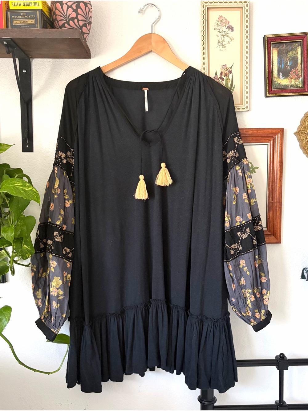 Free People Black Babydoll Dress - Medium - Lightweight Floral Beaded Tunic